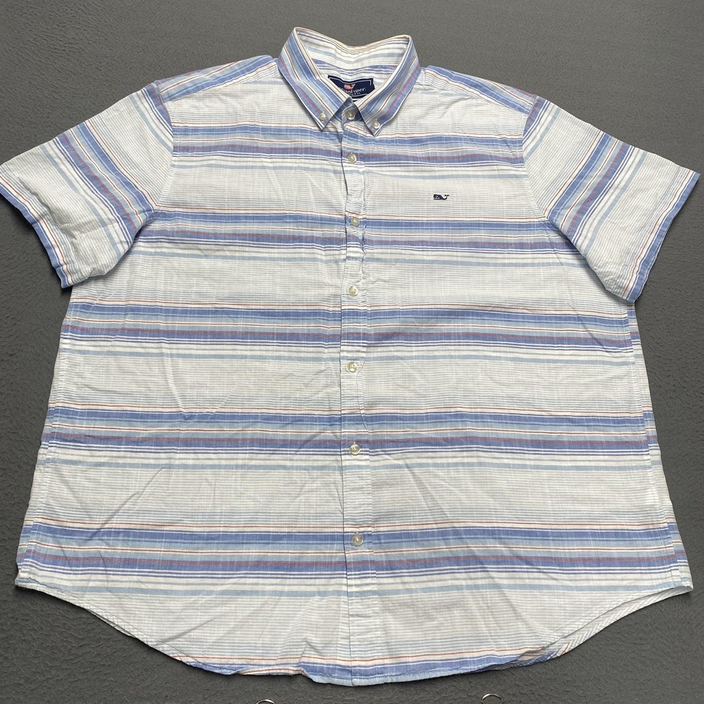 Vineyard Vines Shirt Mens 2XL White Striped Short Sleeve Button Up Whale